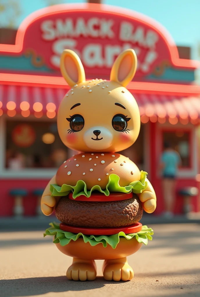 Doll dressed as a hamburger in front of a snack bar 