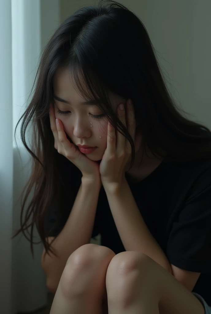 Woman looking down and crying,Japanese,Highest quality,Beautiful Skin,long hair,20A woman in her twenties,Alone in the room,Black T-shirt,Hands on the face