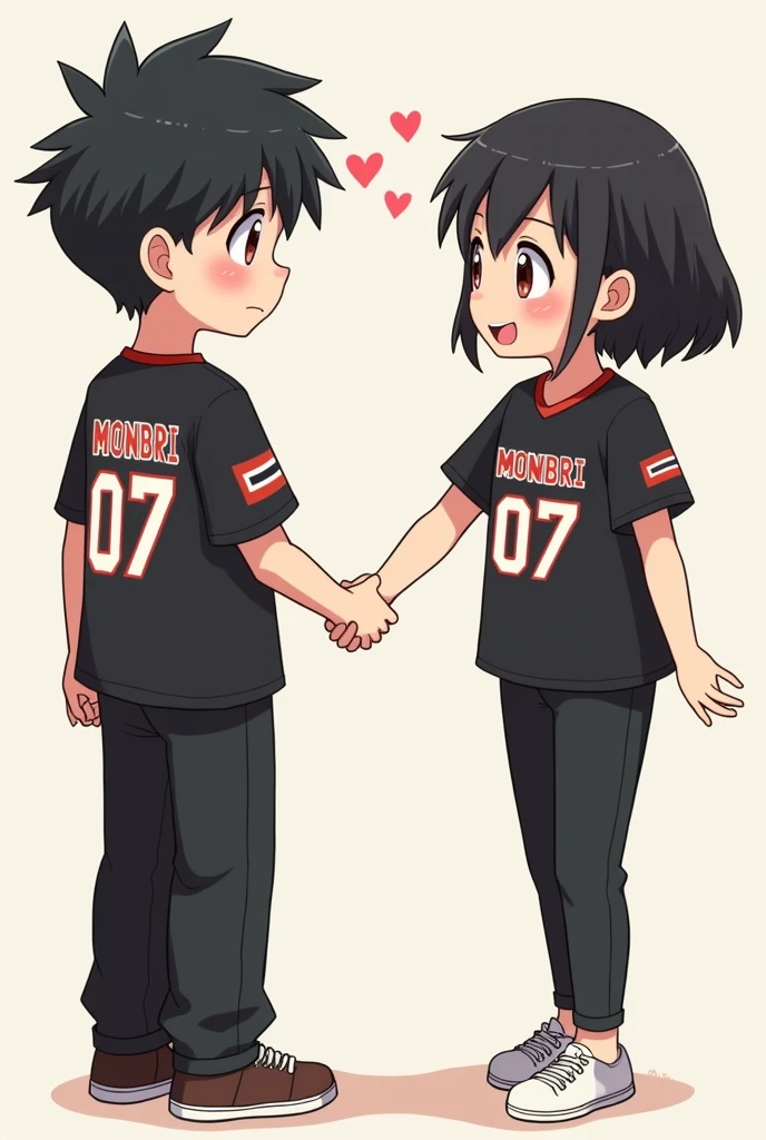 Create about two people, a boy and a girl, the boy who has black hair, Black shirt that says &#39;MONBRI&#39; in red and white capital letters and the number 07, black pantaloon, And the girl who is black hair,Black blouse that says &#39;MONBRI&#39; in white and red letters and in capital letters and with the number 07,BLACK PANTS and that they are animated like cutes and shaking hands like friends 
