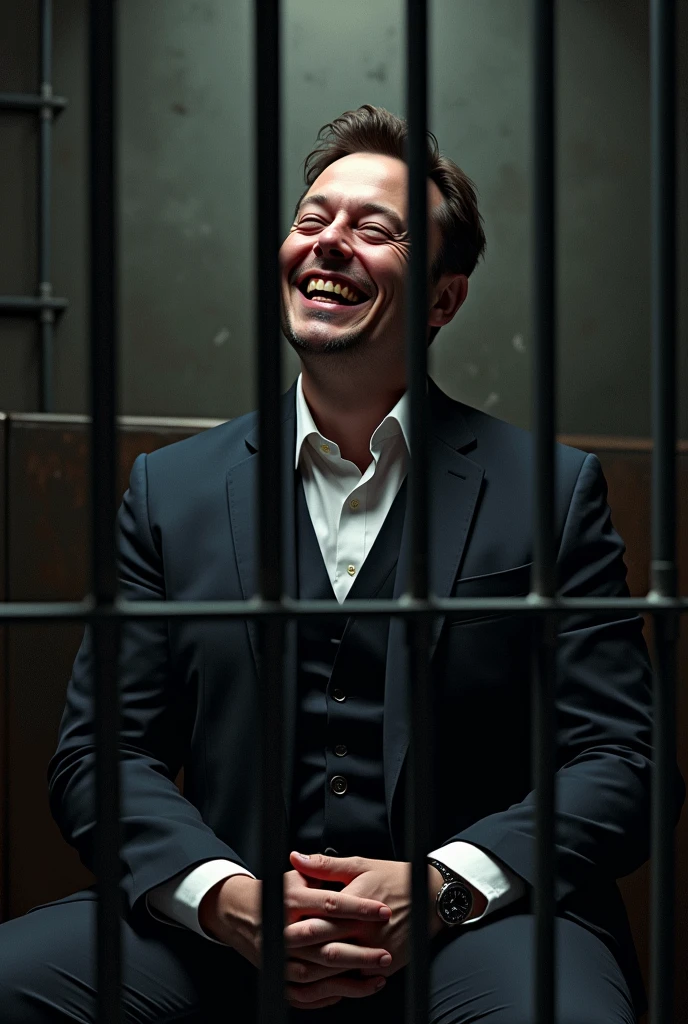 Elon Musk sitting and laughing admiring Alexandre de Moraes locked behind bars in a jail