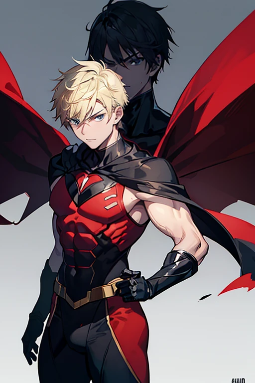 2 masculine man with short blonde hair black eyes, Muscular ectomorph body dressed in a black full-body superhero suit with a red emblem on the chest and a blue cape posing with arms crossed 