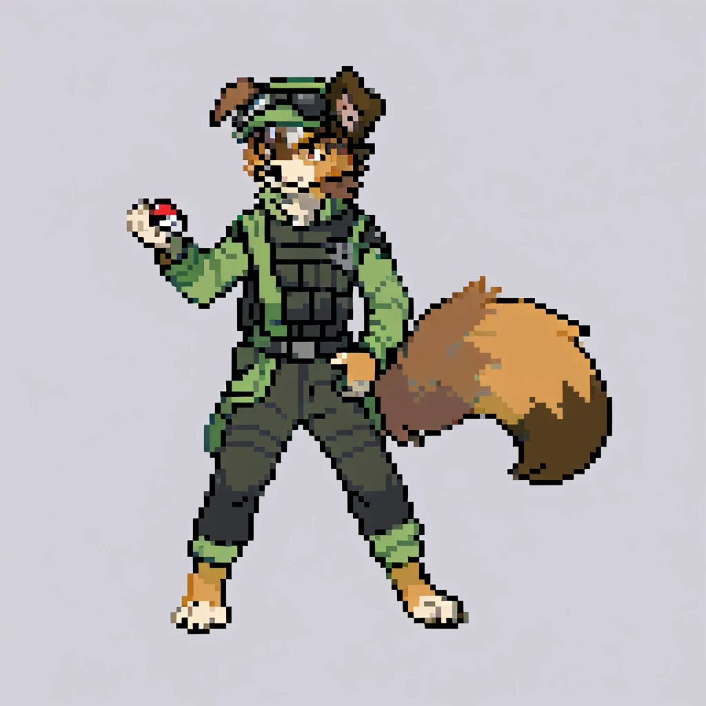 canid, canine, canis, mammal, mythological_canine, were, werecanid, werecanine, Australian_Shepherd, dog, blue_body, orange_fur, multicolored_eyes, black_nose, wearing_protective_gear, military_gear, green_jacket, black_pants, black_vest, holding_pistol, holding_pokéball, standing_straight, male, fingers, fluffy, fluffy_tail, fur, thin_anthro, full_body, solo, digital_media_(artwork), hi_res, masterpiece,