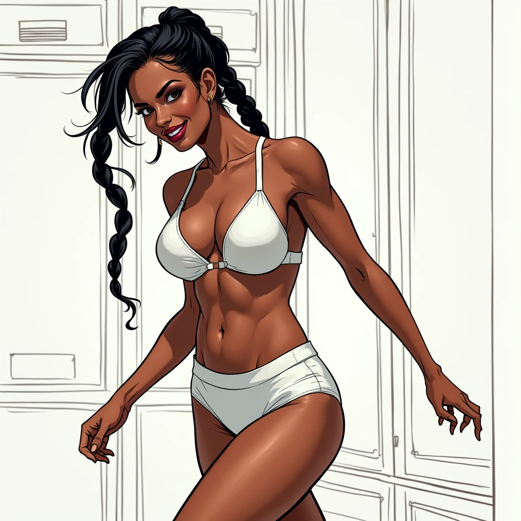 (masterpiece, best quality)), ((((perfect anatomy)))), Brazilian woman with tied back black braids, dark eye-shadow, dark red lipstick, dark brown eyes, white bra , (((white high cut cotton panties))), smiling, big hips, walking around in a locker-room, (((comic book art style)))