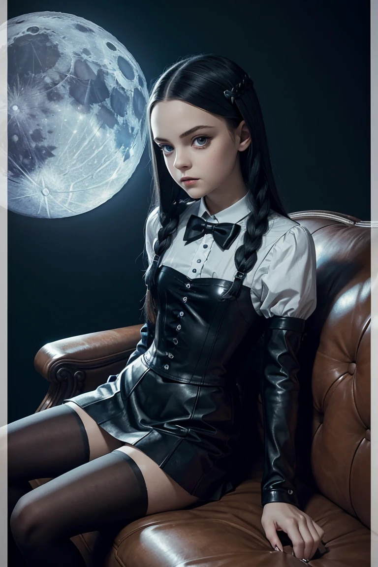 masterpiece. . detailed beautiful teen Wednesday Addams. . detailed short tight leather costume, . athletic. . night. sitting on sofa. . background moon. from above camera.