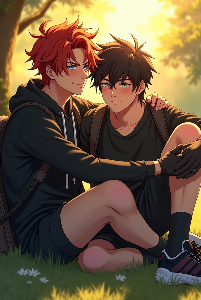 A young red-haired man, golden skin with freckles, messy hair, light blue eyes, wearing a sports set with black hoodie, Sports shoes, long socks, with a backpack on his back, lots of lighting, vivid colors, distracted expression, very detailed facial expression, skin texture, light. very realistic. Together with another slightly taller man with black hair, straight, very light skin, grey eyes, sportswear, black gloves, very detailed and realistic face. They are both sitting on the grass relaxing, Sun rays.They are dating
