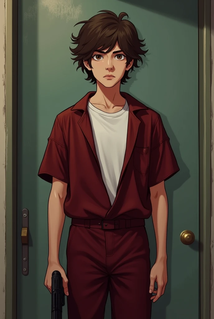 You can generate an image of a boy dressed in a dark red jumpsuit but the top part is removed to the hip and he is wearing a white t-shirt showing his muscles., She has medium-long brown hair with curls, He is facing forward with his gaze fixed straight ahead holding a gun, a gun to be exact. Realistic style, type as another member of the successful Spanish series "The paper house Berlin"