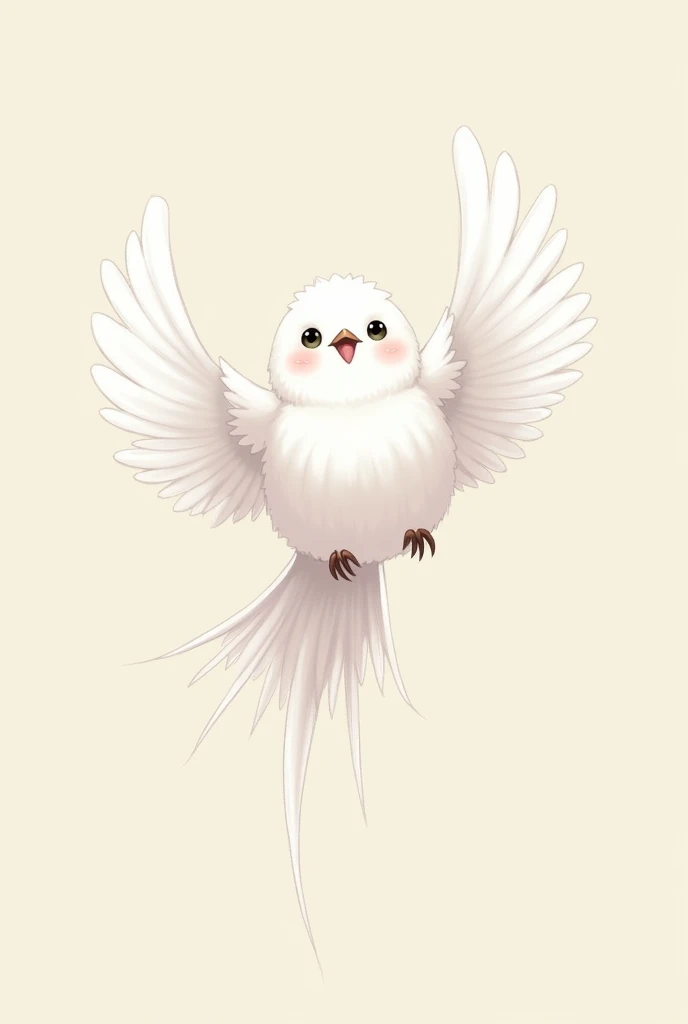 cute drawing, fluffy white longtail tit flying into the camera with open wings
