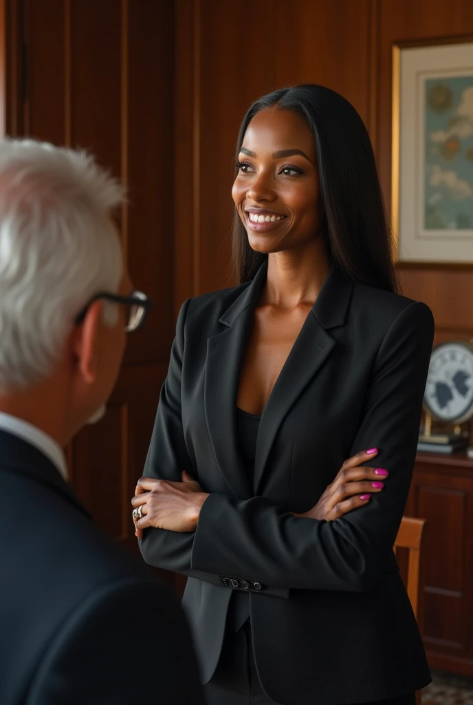 A black woman. Honey brown skin. Beautiful. In an office with a father figure. Ultra high quality.