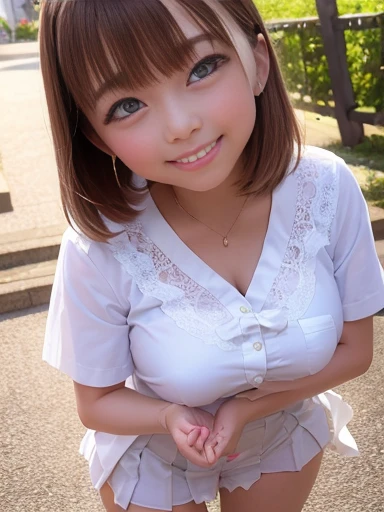 Standing on stone steps in the park、1 high school girl、Girls' School Uniform、Sailor shirt、Pleated skirt、Bob Hair、Medium breast、A shy smile、Skirt lift in strong wind、White lace panties、Masterpiece:1.3、Raw photo quality、Highest quality、Detailed Images、Detailed Background、