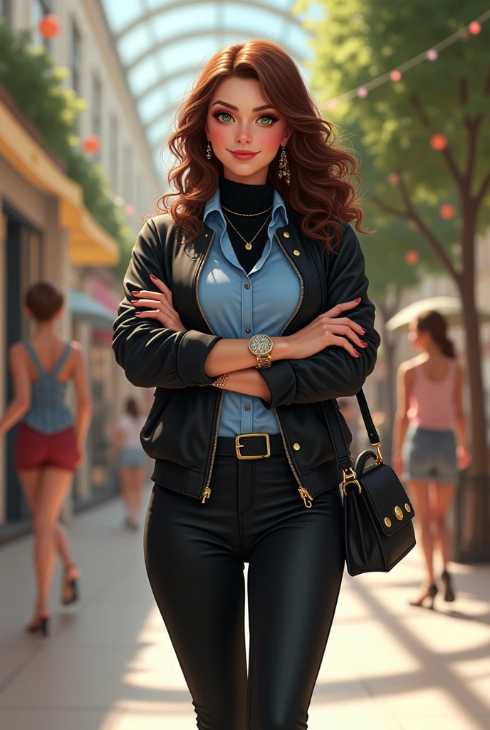 Full body beautiful white curvy british woman, 5'7" tall, medium brown hair, deep green eyes, wearing zip up black collared bomber leather jacket with golden buttons, black bell bottom pants, rolled up sleeves, zipping up jacket, up collar, cleavage, open blue formal blouse, black turttleneck collar shirt under blouse, happy smile, walking on shopping center, high hill sandals, summer sunny day, bag, braces, watch and bracelet, neck chain, ear rings, crossing arms, hand under chin