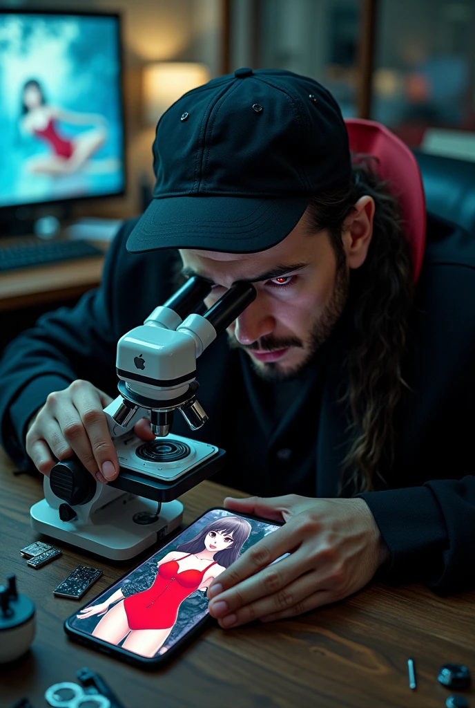 Mobile phone repair center equipped with the latest equipment. Dracula, a man with red eyes, sits on a chair looking into a microscope and repairing an iPhone. The photo is taken from above with the mobile phone holding a picture of an anime girl in a red swimsuit. The microscope is being replaced with a modern model and Dracula&#39;s hair is being lengthened with his fangs showing in his hand. A screwdriver is in the microscope with two lenses and a digital screen on the wall. The photo under the cap is changing the hairstyle. Long hair is tied up. Some maintenance parts are spread out on the table. 
