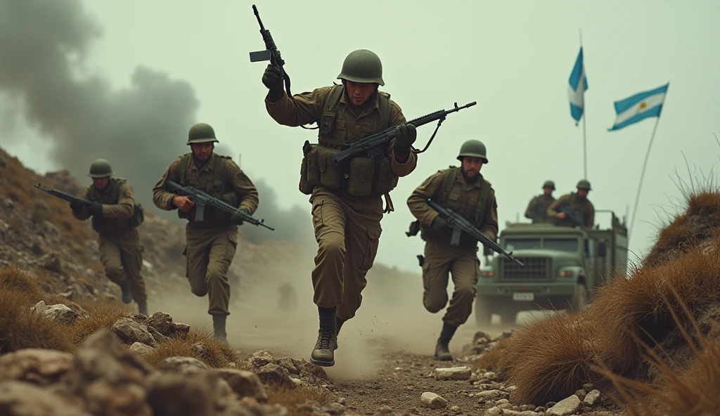 a war-torn battlefield, argentine soldiers jumping in the falkland islands, 1983, highly detailed military uniforms, intense action scene, smoke grenades, rugged terrain, bullet casings, military vehicles, patriotic flag, cinematic lighting, gritty realistic style, war-torn environment, photorealistic, 8k, masterpiece
