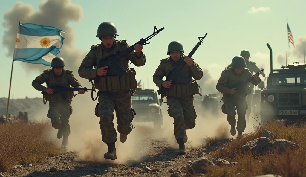 a war-torn battlefield, argentine soldiers jumping in the falkland islands, 1983, highly detailed military uniforms, intense action scene, smoke grenades, rugged terrain, bullet casings, military vehicles, patriotic flag, cinematic lighting, gritty realistic style, war-torn environment, photorealistic, 8k, masterpiece