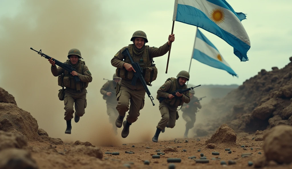 a war-torn battlefield, argentine soldiers jumping in the falkland islands, 1983, highly detailed military uniforms, intense action scene, smoke grenades, rugged terrain, bullet casings, military vehicles, patriotic flag, cinematic lighting, gritty realistic style, war-torn environment, photorealistic, 8k, masterpiece