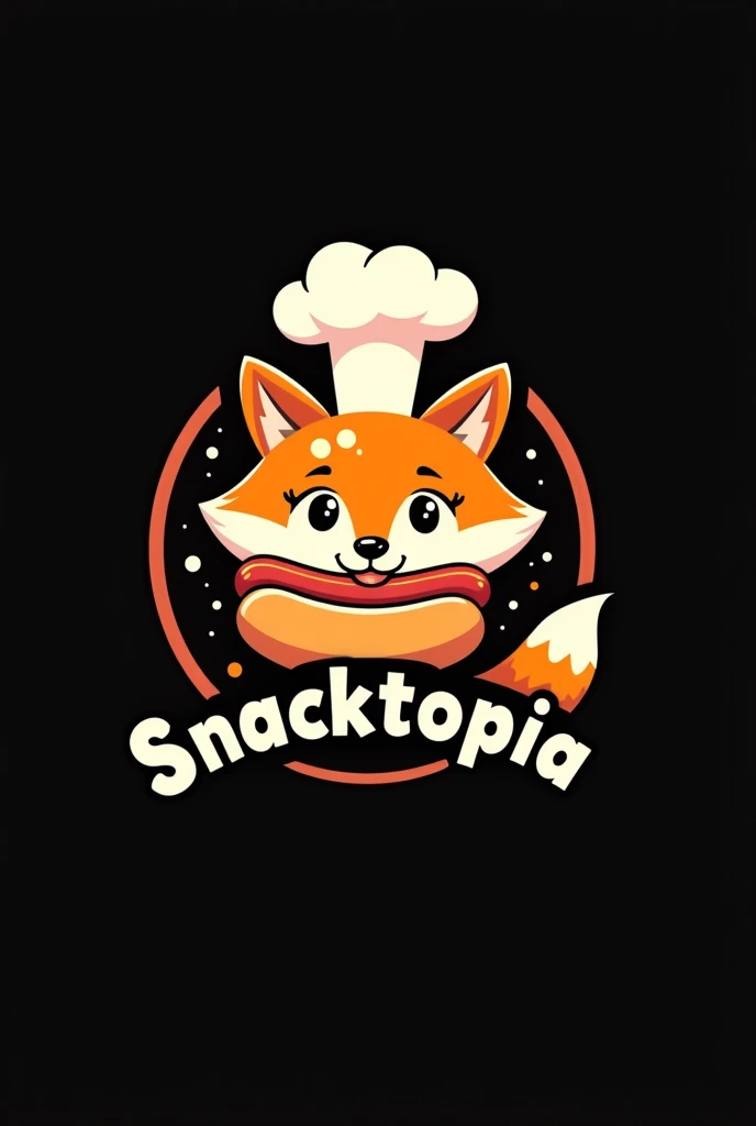 Logo with black background, A cute orange fox with a chef&#39;s hat on top eating a hot dog, with the name Snacktopia below in red circular typography