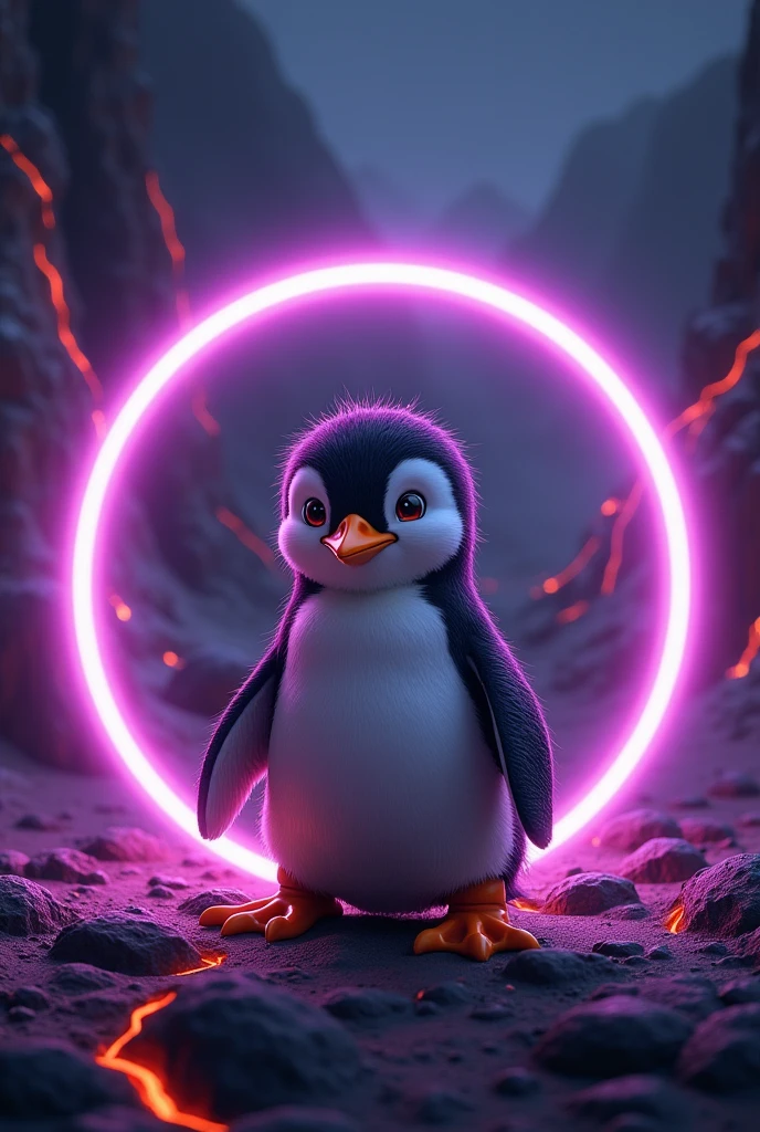 Cute penguin inside frame with killer fighter look with round illuminated frame in bright purple with dark background with magma cracks