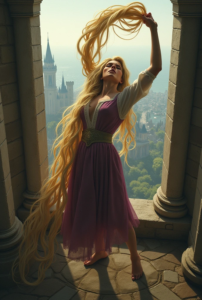 Rapunzel hanging her mother by the neck from the top of the tower with her hair 
