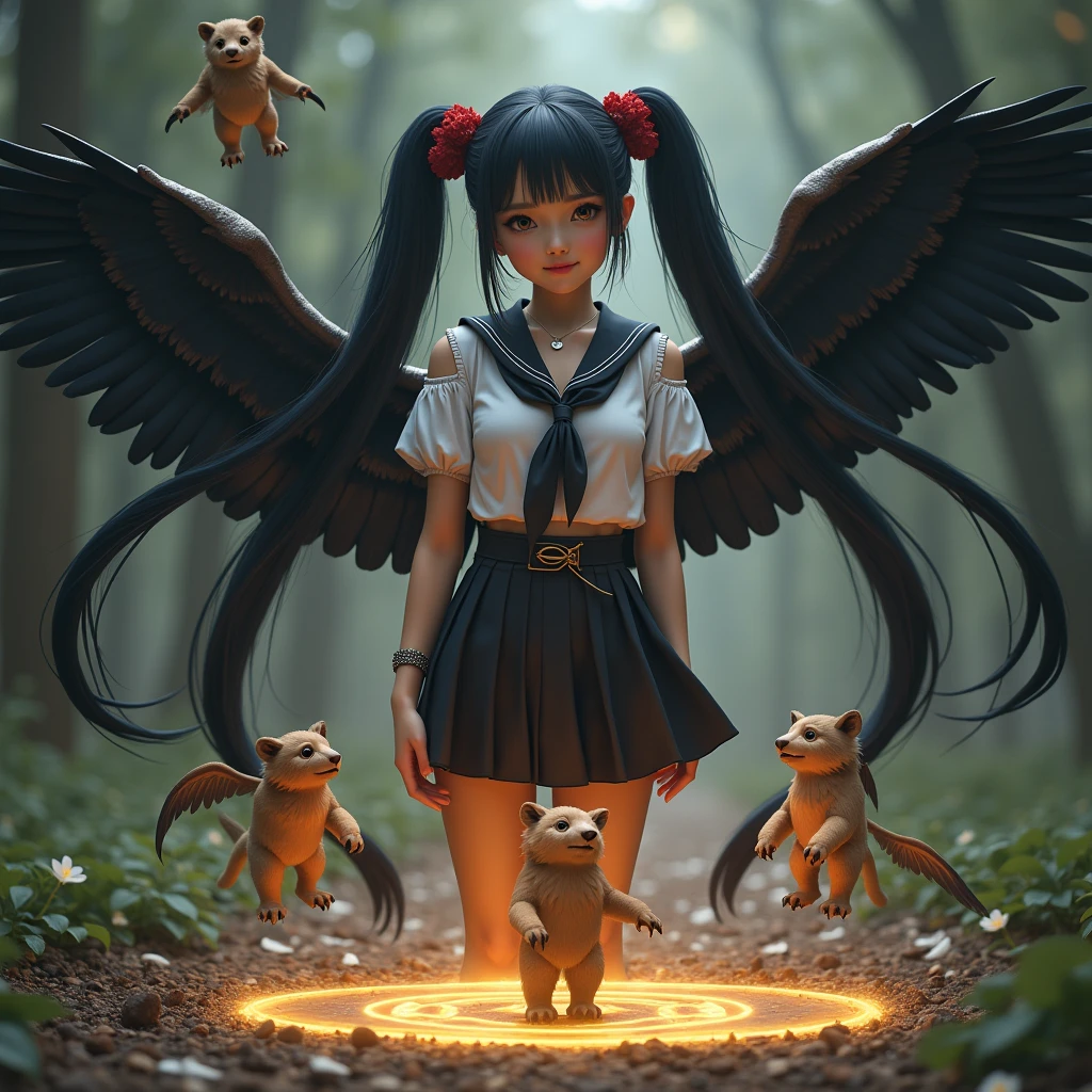 A beautiful young witch in a revealing and sensual school uniform, with long black twin tails, beautiful eyes, confident smile,
summoning a small and cute griffin from a magical circle, Several small griffons appear and fly around the girl, 

((A griffin is a four-legged chimera monster with the head and wings of an eagle, the clawed feet of an eagle on its front legs, and the body, hind legs, and tail of a lion.))

intricate fantasy landscape, realistic, cinematic lighting, dramatic colors, highly detailed, cinematic composition, digital art, concept art, fantasy art, Realistic, (Raw Photo), (ultra-detail: 1.2), (high resolution: 1.3), masterpiece, 8k, photo-realistic, hyper detailed, 