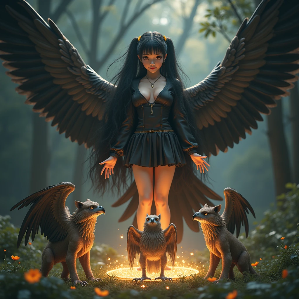 A beautiful young witch in a revealing and sensual school uniform, with long black twin tails, beautiful eyes, confident smile,
summoning a small and cute griffin from a magical circle, Several small griffons appear and fly around the girl, 

((A griffin is a four-legged chimera monster with the head and wings of an eagle, the clawed feet of an eagle on its front legs, and the body, hind legs, and tail of a lion.))

intricate fantasy landscape, realistic, cinematic lighting, dramatic colors, highly detailed, cinematic composition, digital art, concept art, fantasy art, Realistic, (Raw Photo), (ultra-detail: 1.2), (high resolution: 1.3), masterpiece, 8k, photo-realistic, hyper detailed, 