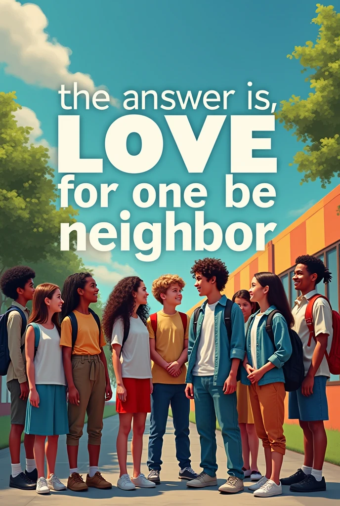 Create a cover that says " The answer is, Love for one&#39;s neighbor" something striking that is school