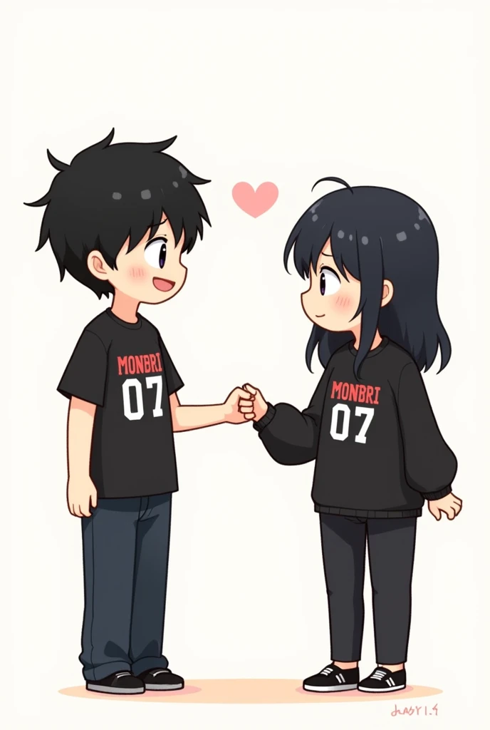 Create about two people, a boy and a girl, the boy who has black hair, Black shirt that says 'MONBRI' in red and white capital letters and the number 07, black pantaloon, And the girl who is black hair,Black blouse that says 'MONBRI' in white and red letters and in capital letters and with the number 07,BLACK PANTS and they are animated like cuties and shaking hands like friends without hearts