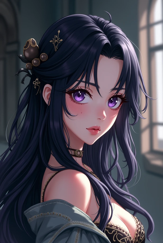 Fantasy Character, Woman, with black hair and dark purple eyes. Fair skin with freckles and a scar on her left cheek. Medieval era anime style