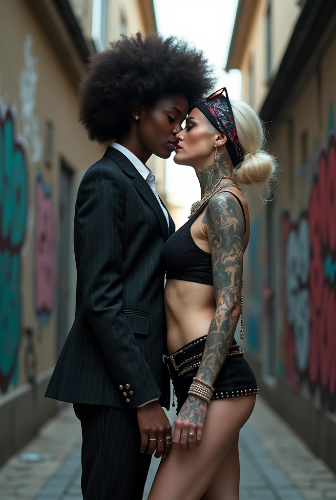 Two russian old milf women: the dominant aggressive dark skinned black woman in business pinstripe suit (jacket and trousers), long nails and afro hair, standing up with separated legs and possessive stance (arm around her girlfriends' shoulders squishing her tightly, touching the neck of the white woman with her other hand, like a predator on her prey). Next to her, her white rich drunk girlfriend looks at the camera  (white woman is very pale: pale face, pale neck, pale chest, pale arms, pale hands, pale stomach, pale leg), white woman stretches her neck and looks at the camera  feeling overwhelmed by her girlfriend. white woman is shy and submissive, feeling dizzy and needy white woman is being seduced. White woman stands up on her tiptoes pinned on a graffitied wall, White woman"s body is twisted and unstable, with hands on air. White woman dresses in  rock chic style: Black skinny leather jeans with white seams, platinum blonde hair (pouf, top messy bun, wide colourful bandana as headband) and oversized square sunglasses as headband. Big lips with no makeup. Black studded lace push up bra, big breasts. Barefoot.. Lots of thick wide studded bracelets in the wrists of the white woman, big pearl necklaces around the necks of the white woman, and big rings, Pearl earrings. Loose chains and studded belts around the hips of the white woman. White woman holds a bottle of wine. White woman is lazy, leaning on her girlfriend.. The white woman is densely tattooed on neck, tattoed chest, tattoed arms, tattoed stomach, tattoed legs, wrists and feet. White woman has well Toned abdominals, thin neck, slim legs and thin arms. Narrow hips. The body of the white woman is twisted in a lazy posture. Full body. On a narrow street with graffitied walls 