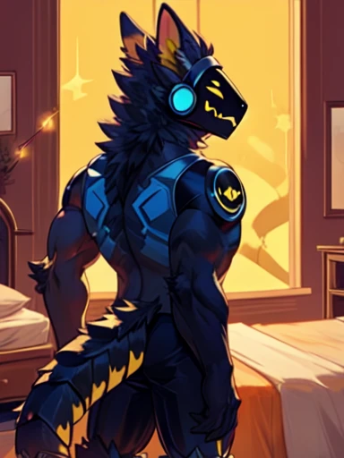 Scorpion Protogen hybrid, bedroom, muscles, no shirt, no pants, stinger, no fur, black scales, scorpion tail, yellow lights, evil grin, back view, , ending over, hand on bed, toung out,