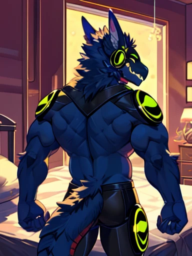 Scorpion Protogen hybrid, bedroom, muscles, no shirt, no pants, stinger, no fur, black scales, scorpion tail, yellow lights, evil grin, back view, ass, ending over, hand on bed, toung out,