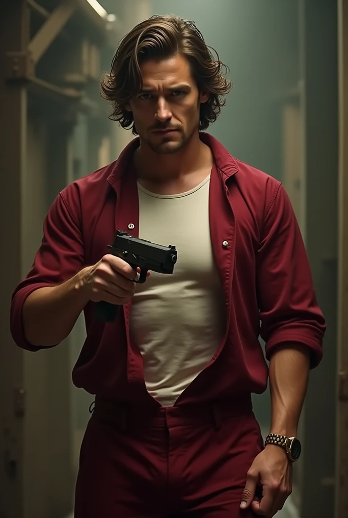 You can generate an image of a man dressed in a dark red jumpsuit but the top part is removed to the hip and he is wearing a white t-shirt showing his muscles., She has medium-long brown hair with curls, He is facing forward with his gaze fixed straight ahead holding a gun, a gun to be exact. Realistic style, type as another member of the successful Spanish series "The paper house Berlin"
