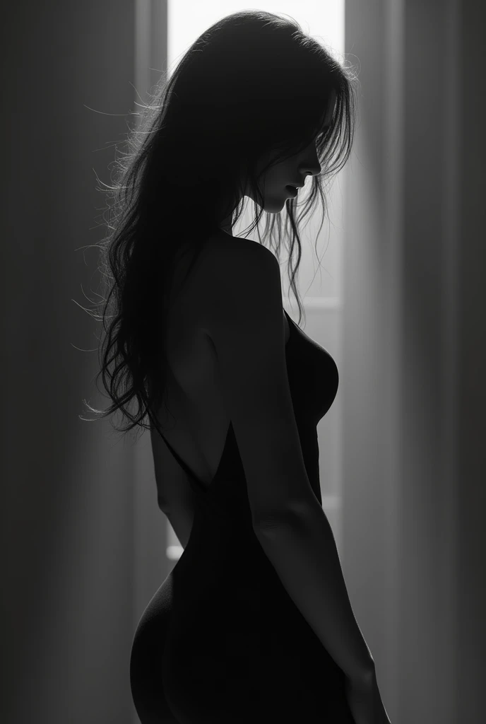 (photorealism:1.2), hot woman, facing back, black n white, dramatic