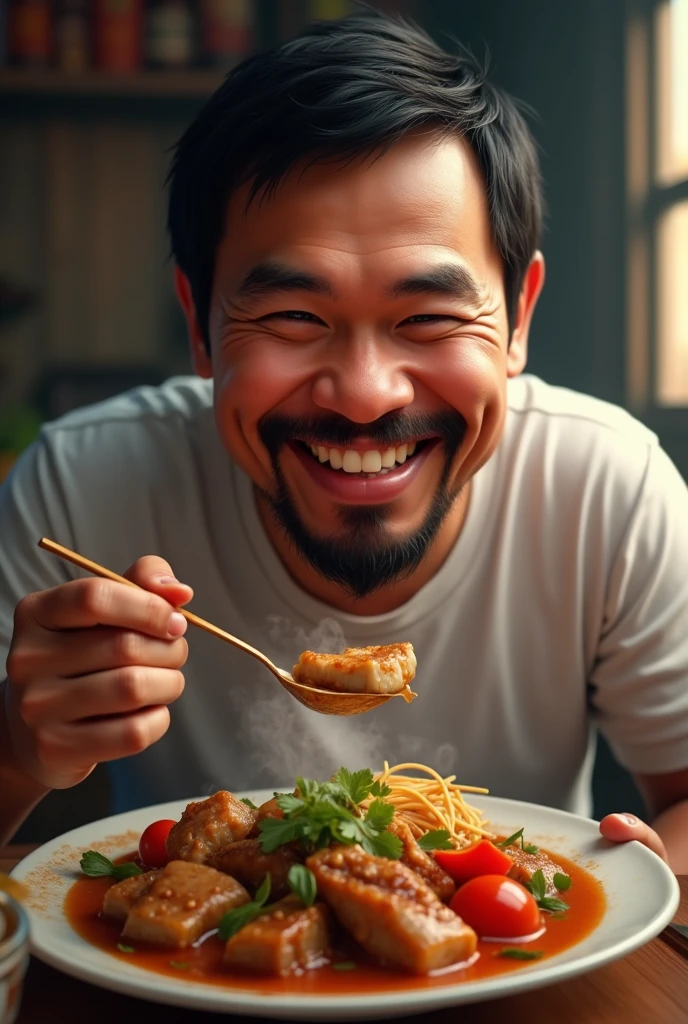 Manny Pacquiao happily eating adobo