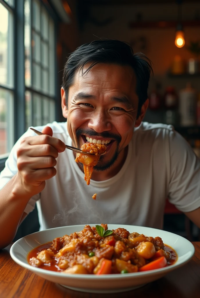 Manny Pacquiao happily eating adobo