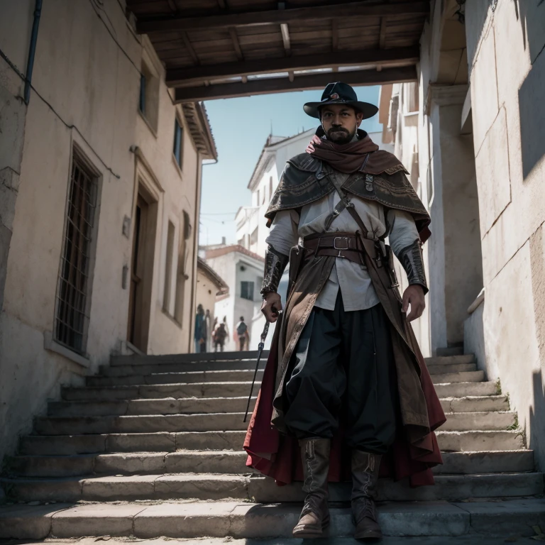 solo, 1boy, Pancho Villa with a mustache wearing a Mexican revolutionary outfit, long_sleeves, full_body, weapon, male_focus, boots, outdoors, day, belt, sword, pants, hood, cape, black_footwear, sash, bird, shaded_face, building, sheath, hood_up, sheathed, stairs, vambraces, weapon_on_back 