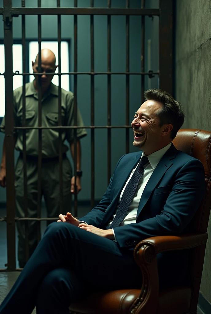 Elon Musk sitting and laughing admiring a bald man locked behind bars in a jail 