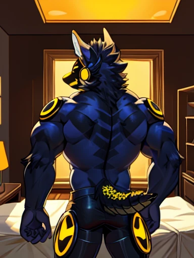 Scorpion Protogen hybrid, bedroom, muscles, no shirt, no pants, stinger, no fur, black scales, scorpion tail, yellow lights, evil grin, back view, ass, ending over, hand on bed, toung out, saliva