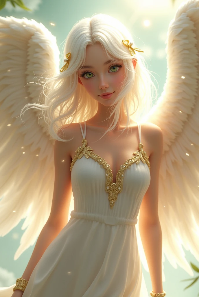 angel, white hair, greeneyes, 2 pairs of wings, white dress with gold details, medium hair with golden ribbons, captivating smile