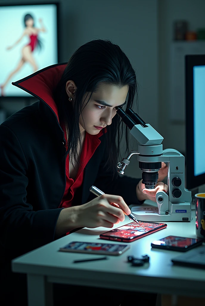 Mobile phone repair center equipped with the latest equipment. Dracula, a man with red eyes, sits on a chair looking into a microscope and repairing an iPhone. The photo is taken from above with the mobile phone holding a picture of an anime girl in a red swimsuit. The microscope is being replaced with a modern model and Dracula&#39;s hair is being lengthened with his fangs showing in his hand. A screwdriver is in the microscope with two lenses and a digital screen on the wall. The photo under the cap is changing the hairstyle. Long hair is tied up. Some maintenance parts are spread out on the table. 
