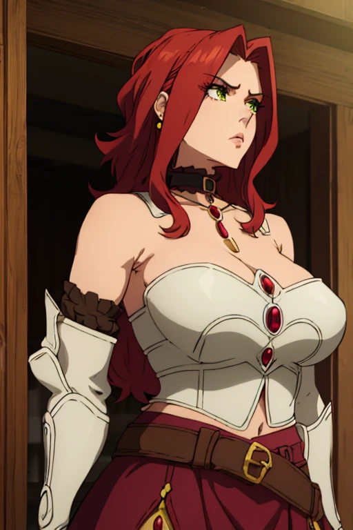 Malted Melromac, Upper body, 1 girl, Red jewelry, Green Eyes, Red hair, Steel Armor, belt, Neckline, Bare shoulders, Purple skirt,Large Breasts, Huge breasts, Large Breasts, Huge breasts, Microdress is bigger than heat, bodycon, eyes lashes, cleavage, navel, corruption, (o-ring), choker, jewelry, earrings, necklace, holding a gun, holding, handgun, big breasts, huge breasts, masive breasts, enormous breasts, nipples