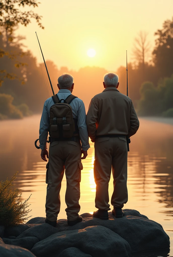 Create an image of a 30-year-old fisherman with his father and their fishing rods seen from behind on the rocky river bank at sunrise