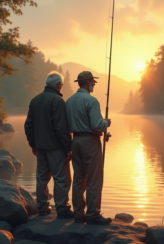 Create an image of a 30-year-old fisherman with his father and their fishing rods seen from behind on the rocky river bank at sunrise