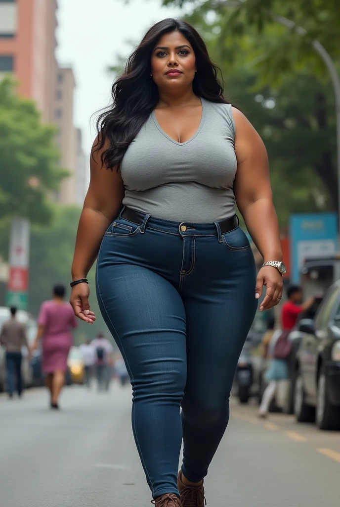 Hot Indian aunty wearing sleeveless t shirt and tight jeans. She has plus size fit but monstrous body figure. She is officer lady walking towards police station 