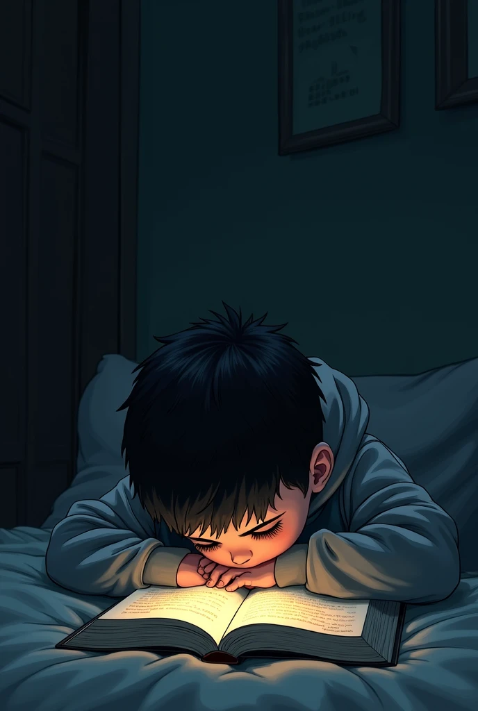 Something related to solitary reading. A cartoon art of a boy wearing a sweatshirt reading the book close to his face and the scene he is in the dark and just a little light young lonely.
Hiding the book in the face