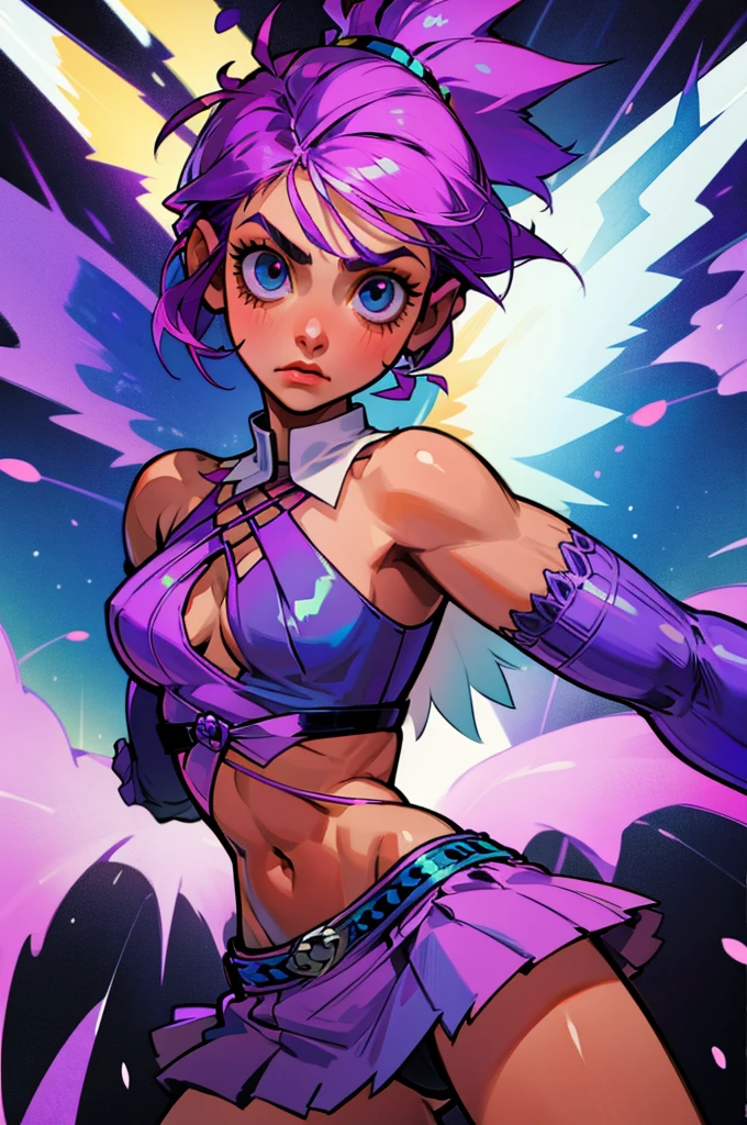 Beelzebub muscular woman with purple and blue mohawk punk hair down to below shoulders with fly wings with four arms, two at normal height and two below the ribs and with a glass belly full of blue and purple plasma.