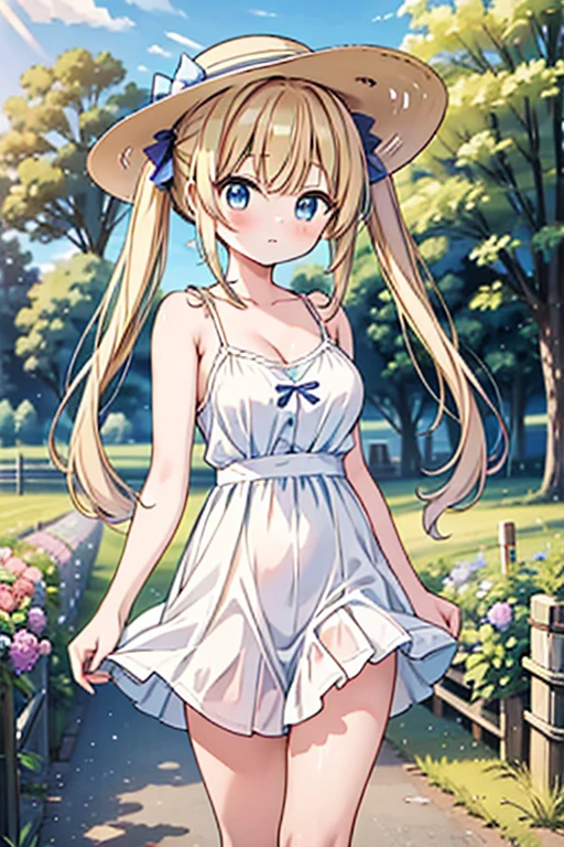 Highest quality,masterpiece,8k,Anime Style,Blonde with blue eyes、japan farm,vegetable,camisole、race,White camisole dress mini skirt,Cleavage,Side view,Large Breasts、Twin tails、Cute eyes,sun hat(sun hat),Japanese Festivals,Stall,evening,Smooth thighs,Accentuate your breasts,