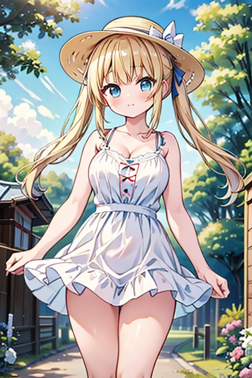 Highest quality,masterpiece,8k,Anime Style,Blonde with blue eyes、japan farm,vegetable,camisole、race,White camisole dress mini skirt,Cleavage,Side view,Large Breasts、Twin tails、Cute eyes,sun hat(sun hat),Japanese Festivals,Stall,evening,Smooth thighs,Accentuate your breasts,