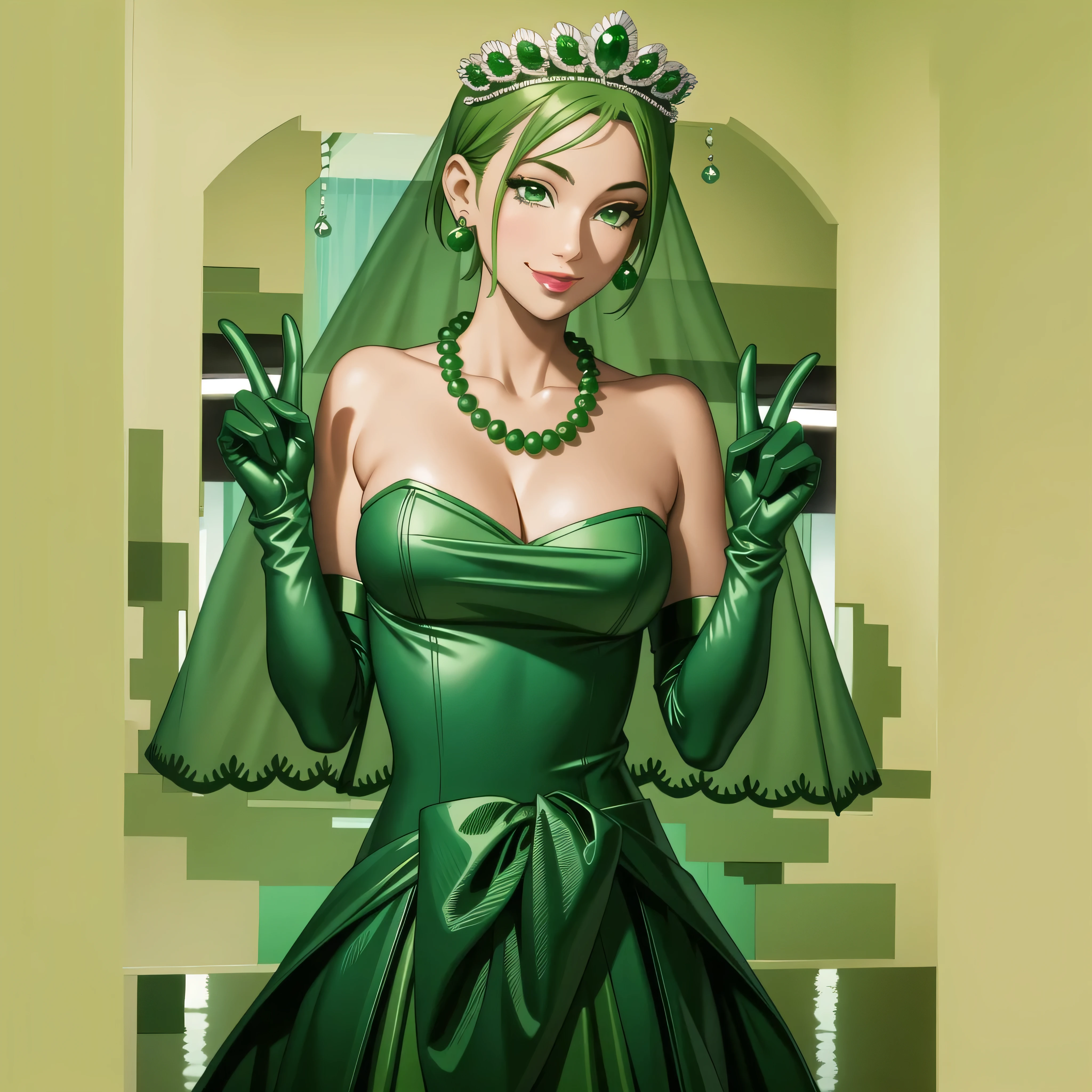 Emerald tiara, Green Pearl Necklace, Boyish very short green hair, Green Lips, Smiling Japanese woman, Very short hair, Busty beautiful lady, Green Eyes, Green satin long gloves, Green Eyes, Emerald Earrings, Green veil, all, Green Hair, Beautiful Japanese Woman, green lip gloss