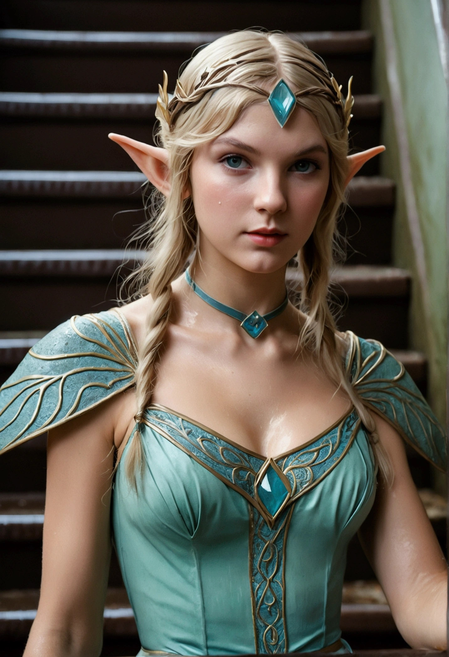 1910s analog film photograph, colorized photo of an elven maiden, 18-years-old, amazonian stature, thick-fit hourglass figure, busty breasts, toned, athletic, wearing a modern maid's dress, warm almond complexion, pointy elf ears, platinum blonde hair, cyan eyes, wild shaggy bob cut, resembles Taylorr Swift, posing on a flight servant stairs, damp clothes, wet skin, dripping matted hair, RAW Photograph, dslr, soft lighting, high quality, film grain, Fujifilm XT3, detailed skin with visible pores, insane details, masterpiece, 8k, 35mm photograph, faded film, desaturated, grainy, vintage, Lomography, stained, highly detailed, found footage, long elven ears