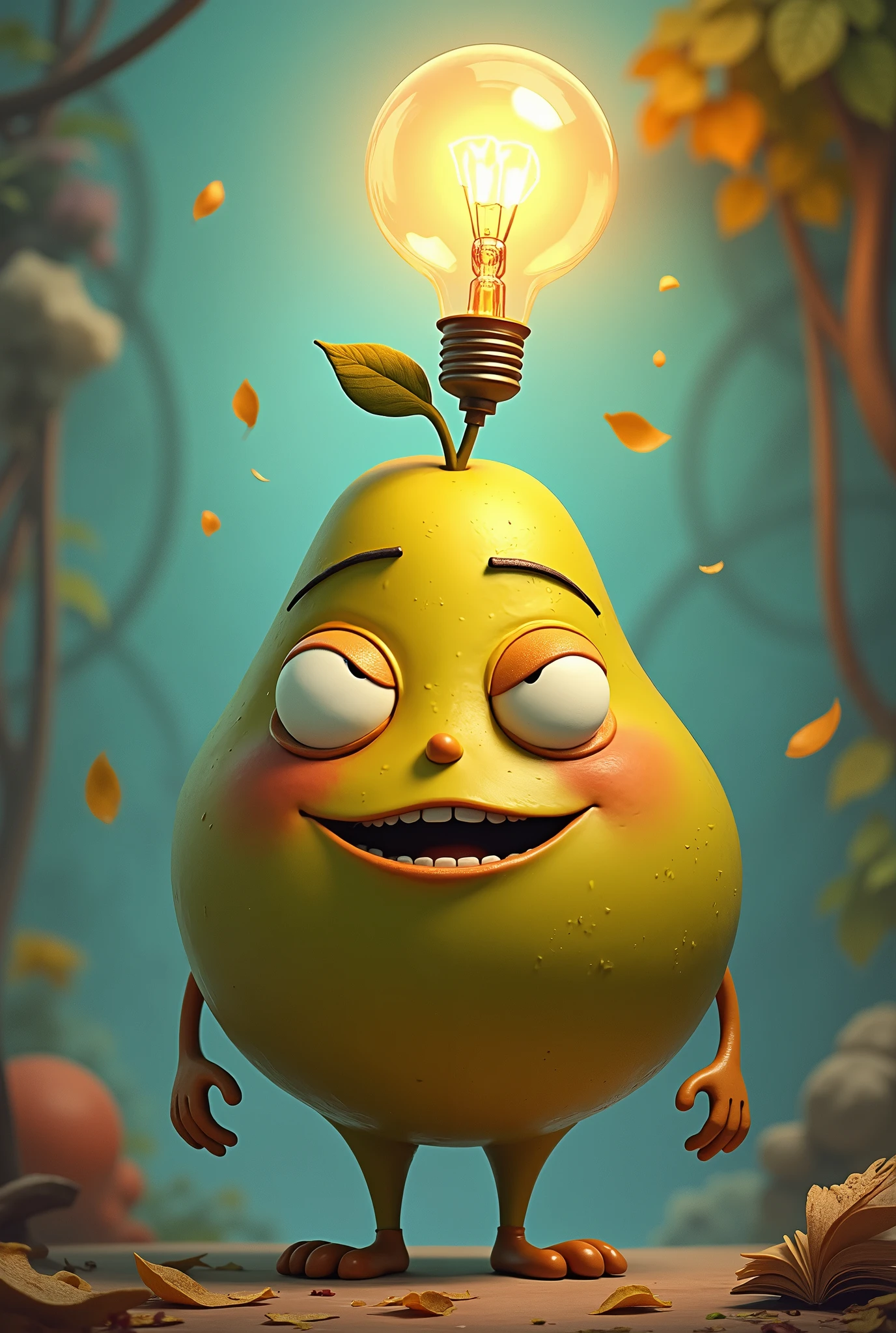 A cartoon character&#39;s head in the shape of a pear and a light bulb 