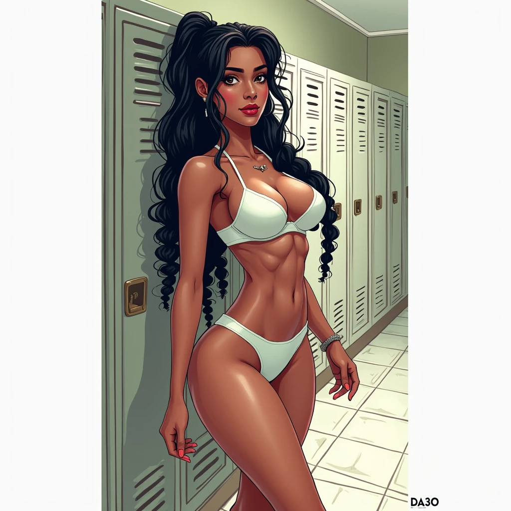 (masterpiece, best quality)), ((((perfect anatomy)))), Brazilian woman with tied back black braids, dark eye-shadow, dark red lipstick, dark brown eyes, white bra , (((white high cut cotton panties))), smiling, big hips, walking around in a locker-room, ((pixel art, pixel, comic book art style))